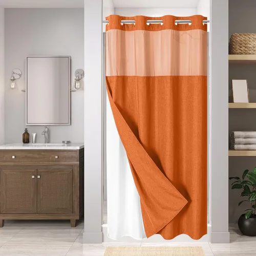 Miniatura 10 de eachope-Cortina de ducha de lino texturizado, forro de tela a presión, no necesita ganchos, ventana superior de malla, cal. hotelera de lujo, Crema