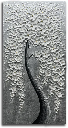 Miniatura 9 de Yika Art Pinturas – Arte de pared de árbol de flores de plata dorada 3D de 24 x 48 pulgadas, cuchillo texturizado abstracto, pintura acrílica sobre