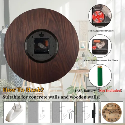 Miniatura 4 de Reloj de pared grande silencioso de 24 pulgadas, funciona con pilas, para cocina de granja, reloj de pared retro sin tictac con números grandes