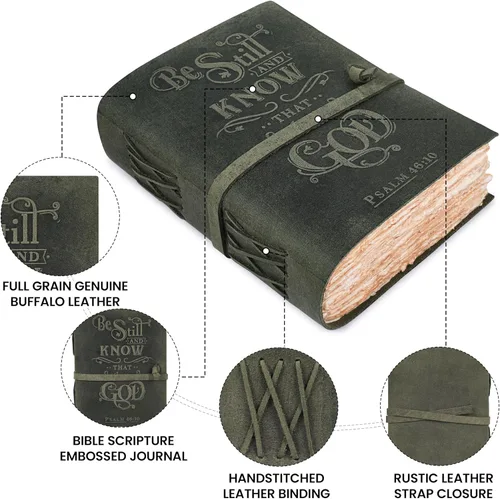 Miniatura 3 de LEATHER VILLAGE Diario de cuero vintage con Salmo 46:10, versículo de la Biblia en relieve, diario de oración cristiana para mujeres y hombres, 200