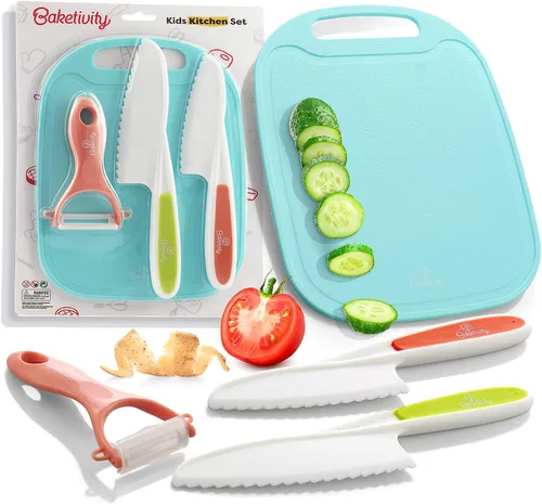 Miniatura 8 de Baketivity Juego de cocina para niños, utensilios reales con guía de herramientas de cocina, juego completo de cocina junior regalo para niñas
