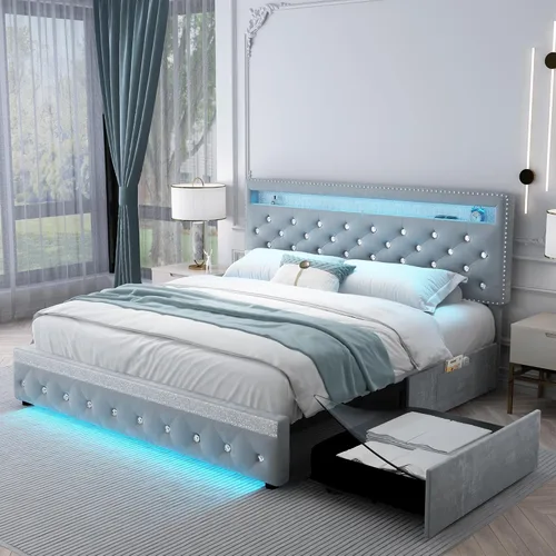 Marco de Cama Queen con LED y 2 Cajones, Cabecero de Plataforma Moderno Resistente Ajustable Tapizado con Botones de Cristal Acolchado, Marco de Gris