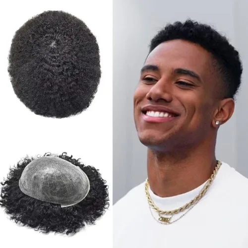Afro Toupee para hombres negros, rizado afro ondulado, postizo masculino, piel fina, PU negro, para hombre, tupé, reemplazo de cabello humano,