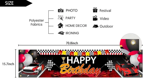 Miniatura 6 de Cartel de feliz cumpleaños de coche de carreras, cartel de patio con temática de auto de carreras para suministros de fiesta de cumpleaños, telón