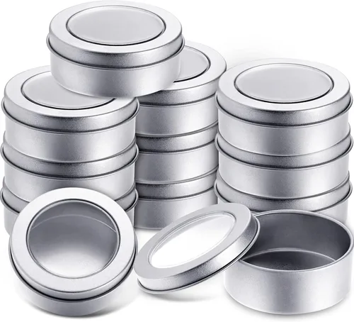 TecUnite Paquete de 12 latas de metal de 2 onzas redondas vacías con tapa transparente para cocina, oficina, velas, dulces
