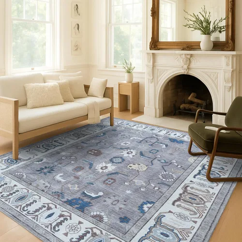 Miniatura 21 de Fame Living Alfombra Oushak Crema Azul, Alfombras Pequeñas Modernas, Vintage, Turca, Ecléctica, Floral, Pastel, Lavable, Tapete para Puerta, Felpudo