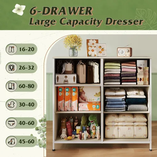 Miniatura 5 de WLIVE Cómoda de tela para dormitorio, cómoda doble de 6 cajones, torre de almacenamiento con cubos de tela, cómoda para armario, sala de estar, Gris