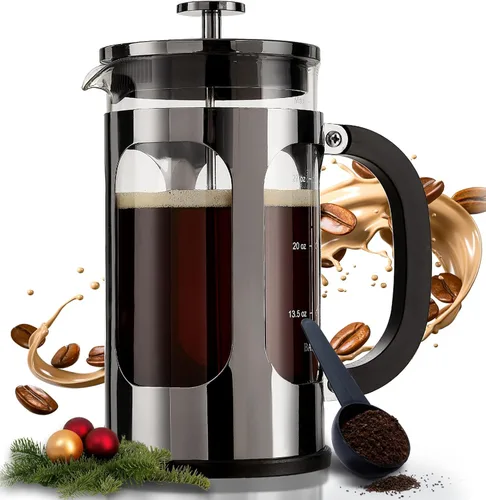 BAYKA cafetera y tetera de prensa francesa de acero inoxidable 304, con sistema de filtración de 4 niveles, vidrio de borosilicato grueso resistente