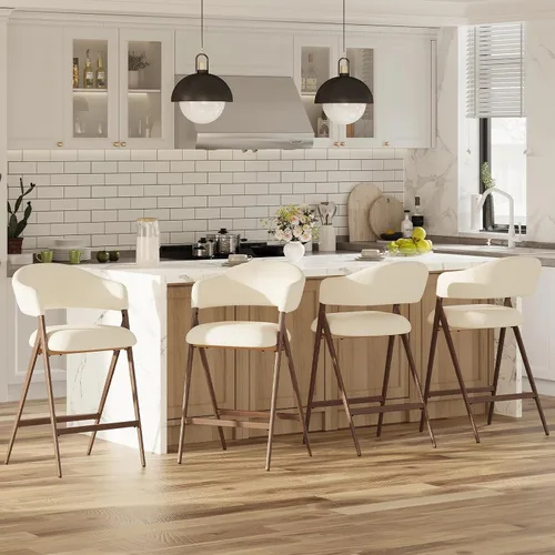 Miniatura 9 de COLAMY Juego de 2 taburetes de bar de 26 pulgadas de altura de mostrador con respaldo, sillas de bar tapizadas modernas con patas de metal para Beige