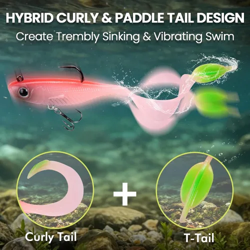 Miniatura 2 de TRUSCEND Duramax TPE Soft Fishing Lures with BKK Hooks, Easy Catch Curly & T-Tail for Trembly Sinking & Vibrating Swim, UV or Glow Effect for All