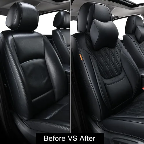 Miniatura 7 de Fundas de asiento de coche color negro, par de fundas de asiento delantero de cuero transpirable con reposacabezas, funda universal de asiento