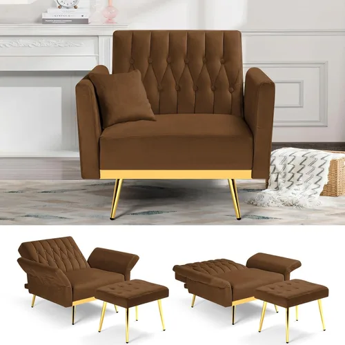 Miniatura 10 de Silla decorativa de terciopelo con respaldo y reposabrazos ajustables, sillón reclinable individual con otomana y patas mentales doradas para sala
