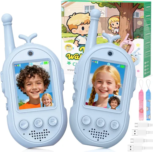 Walkie Talkies de video para niños, paquete de 2, Walkies talkies para niños con cambiador de voz y efecto adhesivo, juguetes recargables de largo