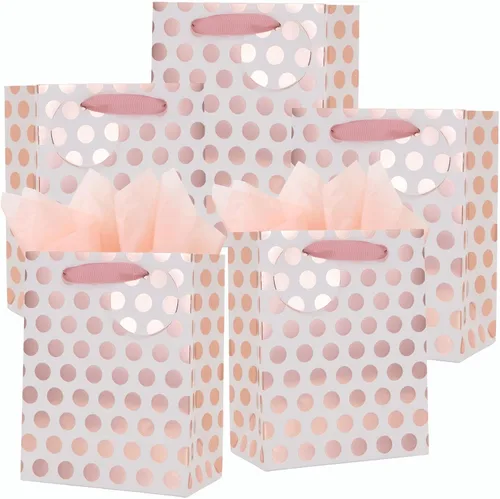 UNIQOOO 12 bolsas de regalo de papel de aluminio de oro rosa a granel, lunares rosas con etiqueta, bolsas de papel kraft de reciclaje duraderas,