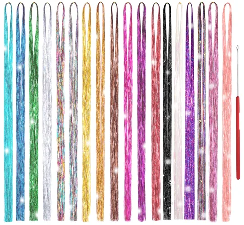 Kit de Oropel para Cabello 18 Colores, 3600 Hebras de 48 Pulgadas Cabello de Hada, Oropel Brillante Extensible para Navidad Año Nuevo Halloween 18