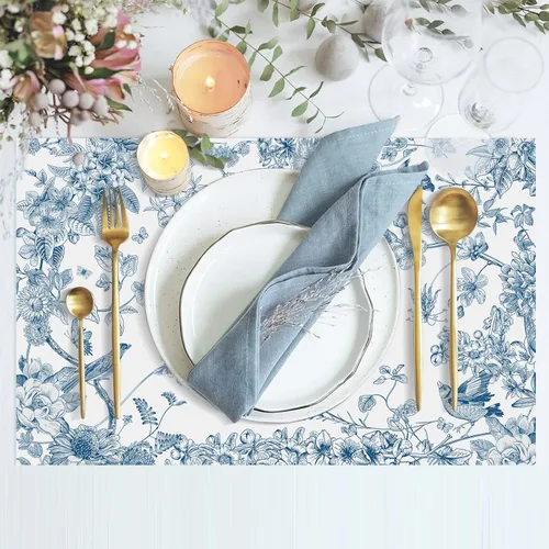 Miniatura 3 de 50 paquetes de manteles de papel con diseño de flores y pájaros, desechables, azules y blancos, manteles de papel floral de 11 x 17 pulgadas