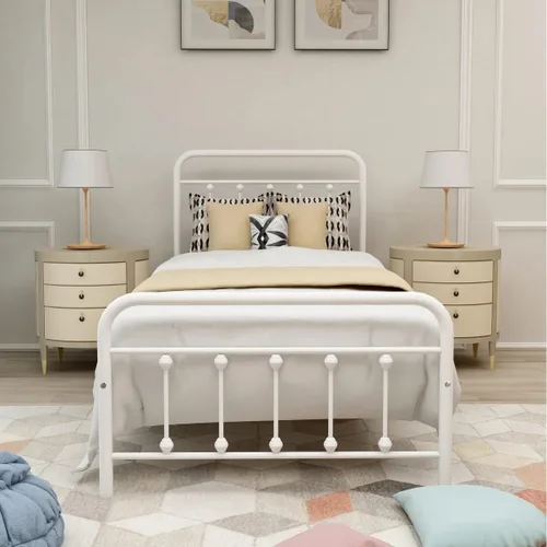 Miniatura 7 de Marco de cama de metal tamaño matrimonial con cabecero y estribo, sin somier, color blanco