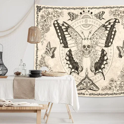 Miniatura 2 de ZYLLGLOW Tapiz bohemio de calavera, mariposa, hongo, polilla, decoración de pared, estético para colgar en la pared para dormitorio, tapiz gótico al