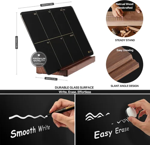 Miniatura 3 de Planificador semanal de cristal negro de escritorio, pizarra blanca de borrado en seco con soporte de madera desmontable, pequeño calendario