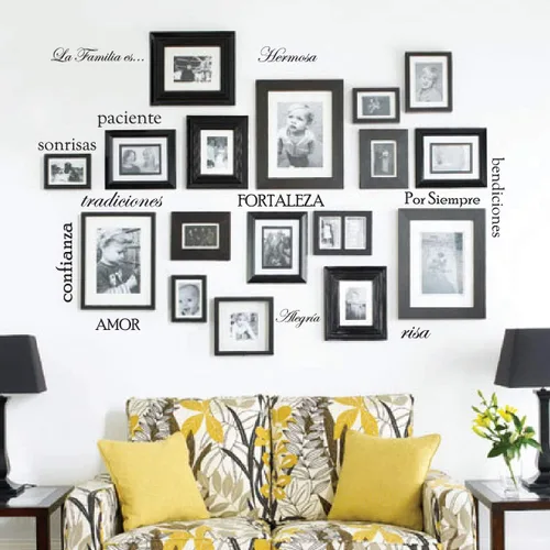 Innovative Stencils Juego de 12 calcomanías de vinilo para pared con frase familiar española, marco de fotos, decoración artística La Familia ES
