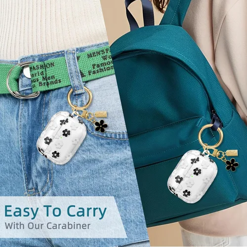 Miniatura 7 de Funda compatible con AirPods Pro 2 2022, TPU suave con bonito patrón de flores para AirPods Pro de 2ª/1ª generación con llavero de flores y Negro
