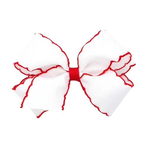 Miniatura 13 de Wee Ones - Lazo clásico de grogrén con borde de puntadas lunares para niñas, con clip para cabello WeeStay, borde en contraste, King, blanco
