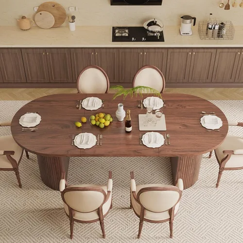 Miniatura 3 de ONBRILL Mesa de comedor de 70.8 pulgadas para 4-6, mesa de comedor ovalada con base de tira de madera acanalada curvada, mesas de cocina modernas