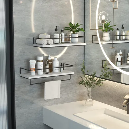 Miniatura 6 de ZGO Juego de 2 estantes flotantes para pared, estantes de almacenamiento montados en la pared con marco de metal negro y toallero para baño, Blanco