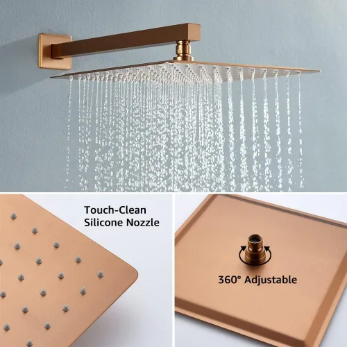 Miniatura 3 de Iriber - Sistema de ducha de lluvia en oro rosa cepillado con cabezal de ducha de 12 pulgadas y juego de ducha de mano montado en la pared del baño