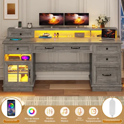Miniatura 5 de BTHFST Escritorio ejecutivo estilo granja con cajón para archivos, escritorio para computadora con estación de carga y luces LED, escritorio de Gris