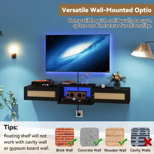 Miniatura 6 de IBUYKE Soporte flotante moderno de ratán para TV con puertas, estante de TV montado en la pared para televisores de hasta 55 pulgadas, consola
