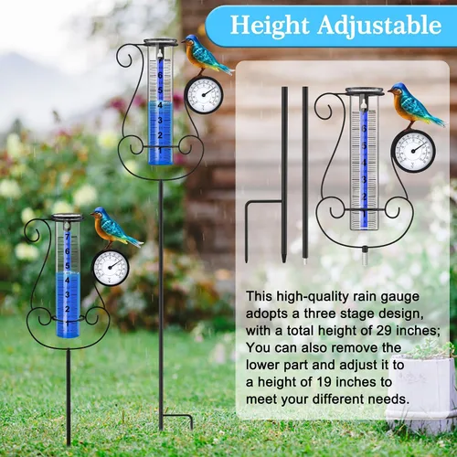 Miniatura 4 de Pluviómetro para exterior, pluviómetro digital de gran tamaño y color con colibrí metálico y termómetro & higrómetro, altura ajustable, gran Aves