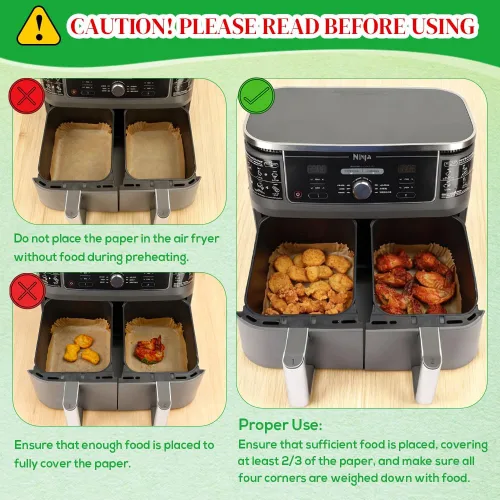 Miniatura 6 de BYKITCHEN 300 piezas de revestimientos para freidora de aire para Ninja Dual Airfryer, papel pergamino desechable rectangular para freidora de aire
