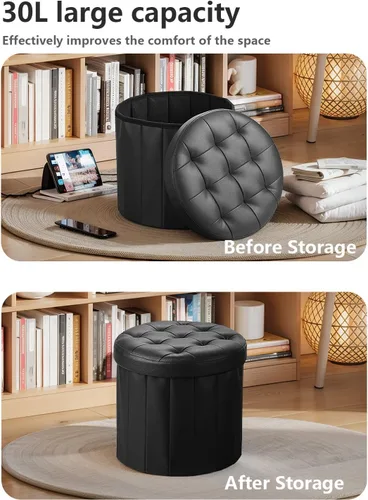 Miniatura 4 de Bsketa® Otomana plegable redonda de almacenamiento de 14 x 14 x 13 pulgadas, taburete de pie con asiento acolchado de espuma más gruesa, banco Negro