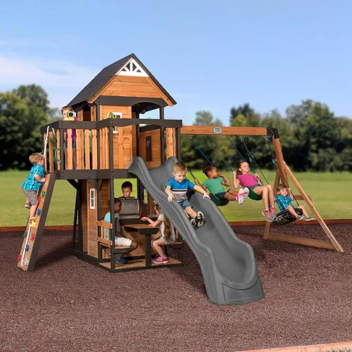 Miniatura 10 de Conjunto de columpios Backyard Discovery Canyon Creek de madera de cedro con tobogán de ola, casa de juegos, cocina de juego, área de picnic