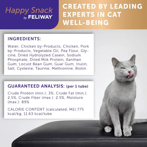 Miniatura 5 de Happy Snack de FELIWAY®, Golosinas lamibles y exprimibles en puréa para gatos para una rutina diaria de calma, hechas con pollo real, paquete de 12