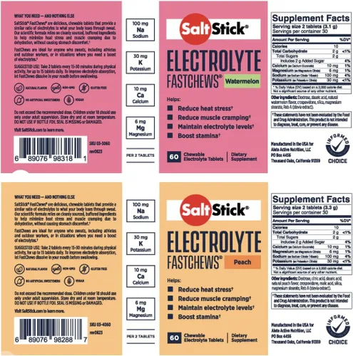 Miniatura 2 de SaltStick FASTCHEWS® - Paquete variado de 2 botellas de 60 unidades de melocotón y sandía con tubo Race Ready