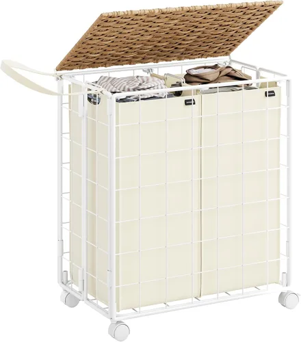 Miniatura 9 de SONGMICS Cesta de lavandería de 90 litros con tapa, cesta de ropa con ruedas, bolsa de forro extraíble plegable, clasificador de ropa hecho