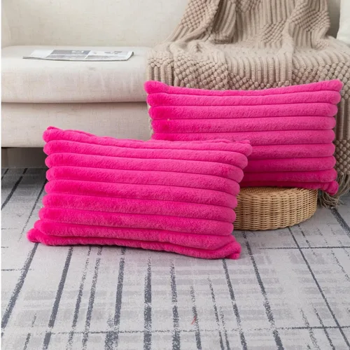Miniatura 17 de ZLINA Juego de 2 fundas de almohada decorativas de piel sintética color albaricoque, fundas de cojín esponjosas a rayas, 16 x 16 pulgadas