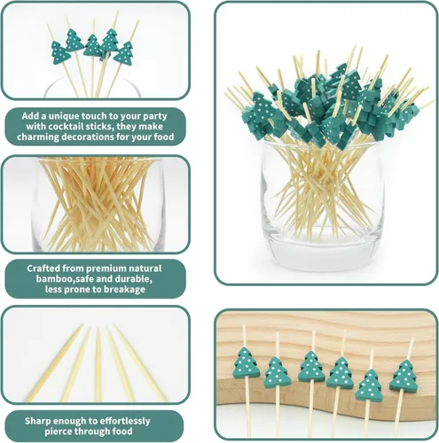 Miniatura 2 de Púas de cóctel de bambú para árbol de Navidad, palillos de dientes decorativos de Navidad para aperitivos, frutas y bebidas, suministros de fiesta
