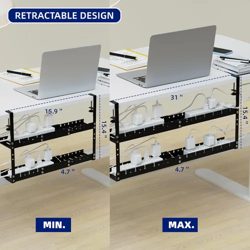 Miniatura 4 de Bandeja extensible de 31 pulgadas para organizar cables debajo del escritorio, bandeja de gestión de cables de metal debajo del escritorio