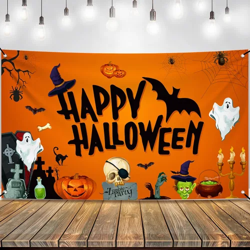 Miniatura 8 de KatchOn Pancarta extragrande de Feliz Halloween, 72 x 44 pulgadas, telón de fondo espeluznante, decoraciones de fiesta naranja y negro, pancarta