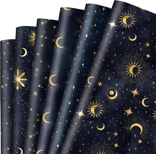 12 hojas de papel de regalo de galaxia, cielo nocturno negro, envoltura de regalo a granel, luna, estrella, papel decorativo de arte para
