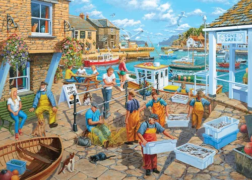 Ravensburger - Vida del Pescador - Rompecabezas de 1000 Piezas - Colores Vibrantes y Deslumbrantes - Inspirado en la Escena del Muelle de Pesca -