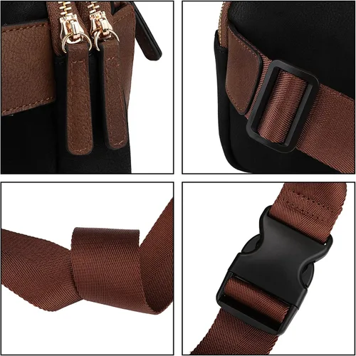 Miniatura 5 de Uromee Riñoneras para mujer Everywhere bolsa cruzada con correa ajustable de cuero vegano, negro con café, Casual