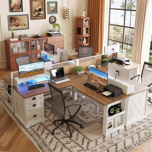 Miniatura 9 de FREDEES Escritorio en forma de L con soporte móvil y luces LED, escritorio de oficina en casa de granja de 59 pulgadas con cajón de archivos