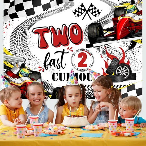 Miniatura 5 de Telón de fondo rojo de 5 x 3 pies, con texto en inglés "Happy Birthday", dos decoraciones rápidas de segundo cumpleaños, con bandera a cuadros