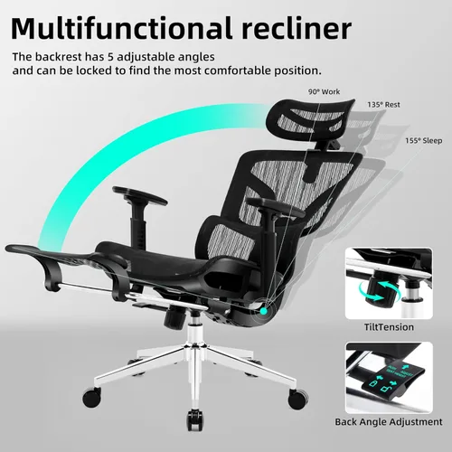 Miniatura 7 de Silla de oficina ergonómica con reposapiés, silla de oficina grande y alta, soporte lumbar ajustable de 4 niveles, bloqueo de inclinación de 155°