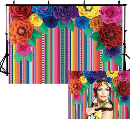 Telón de fondo mexicano de 5 x 3 pies para fotografía de flores de papel colorido mexicano Cinco de Mayo Carnival Festival telón de fondo colorido a
