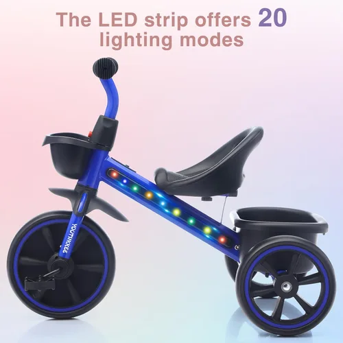 Miniatura 2 de Triciclo para niños con luces LED coloridas para niños pequeños de 1 a 3 años, diseño estable de 3 ruedas y canasta de almacenamiento para paseos